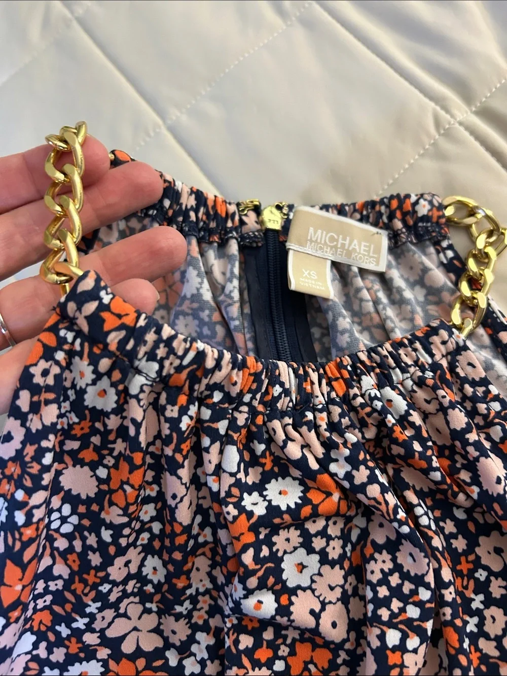 Michael Kors Navy Halter A-Line Dress with Orange and White Floral Print